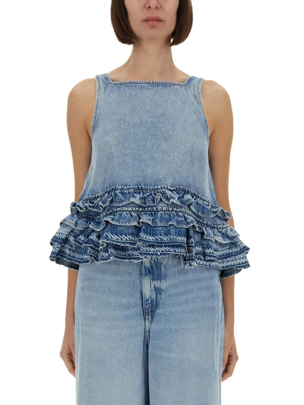 Denim Ruffle Top - Ganni