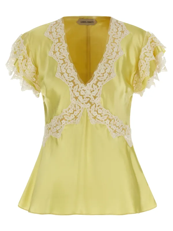 Satin And Lace Top Tops Yellow - Alberta Ferretti