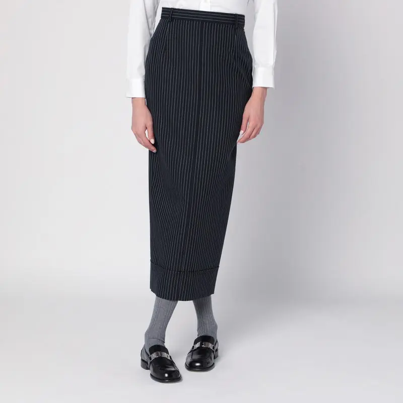 Navy Blue Pinstriped Pencil Skirt - Thom Browne