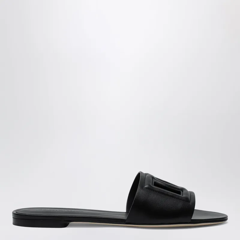 Black Leather Slides With Dg Logo - Dolce & Gabbana