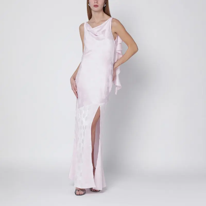Long Pink Satin Jacquard Dress With Ruffles - Rotate