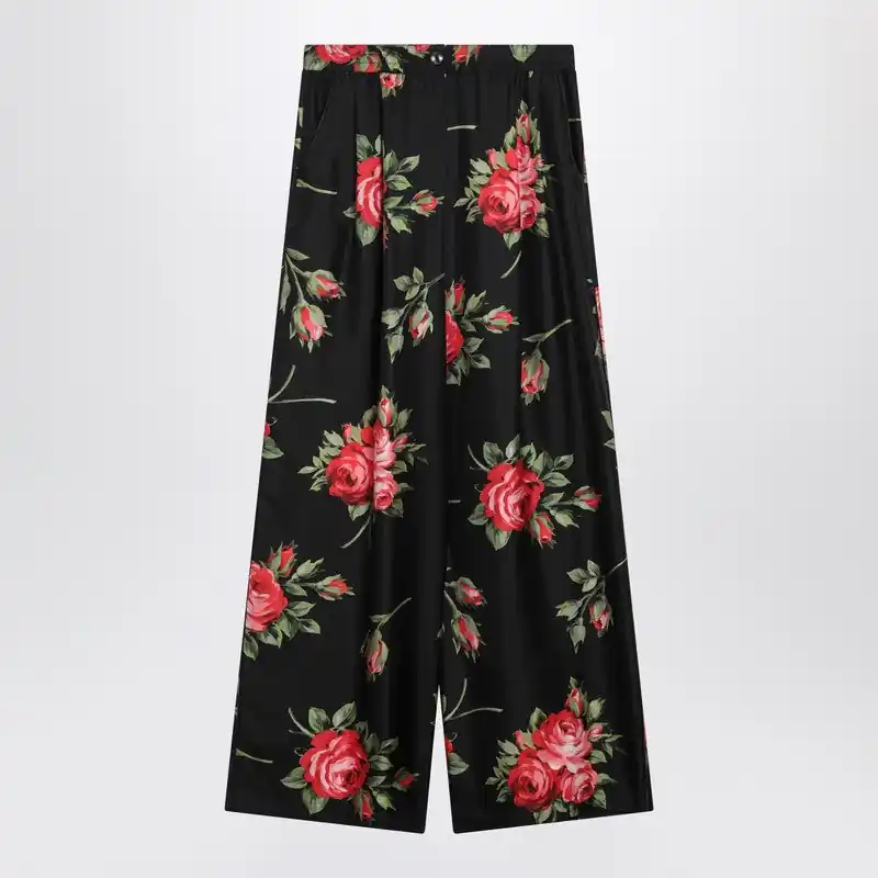 Wide Twill Trousers With Rose Bouquet Print - Dolce & Gabbana