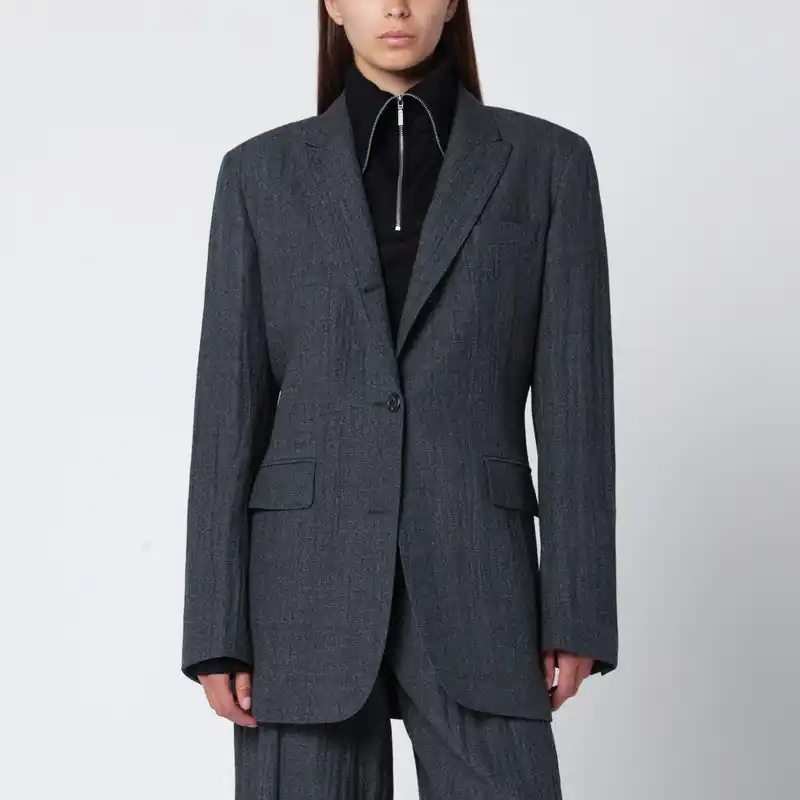 Grey Wool-Blend Single-Breasted Jacket