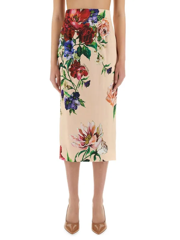 Flower Print Satin Midi Pencil Skirt - Dolce & Gabbana
