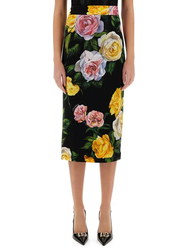 Peony And Rose Print Charmeuse Longuette Skirt - Dolce & Gabbana