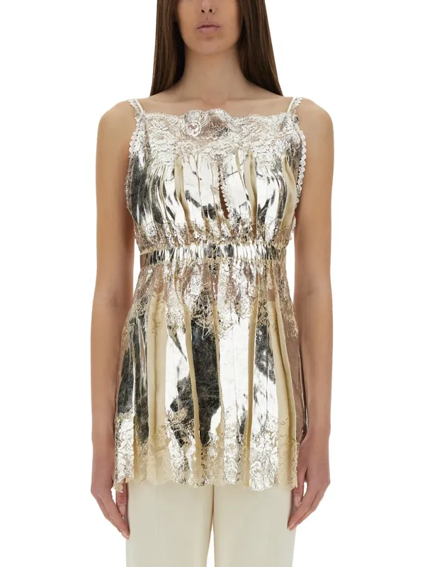 Laminated Pleated Satin Top - Rabanne