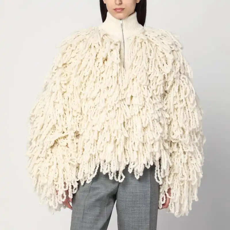 White Wool Bomber Jacket With Fringes - Stella McCartney