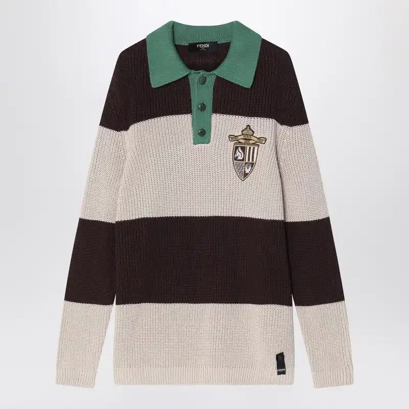 Knitted Cotton Polo Shirt With Brown And Beige Stripes - Fendi