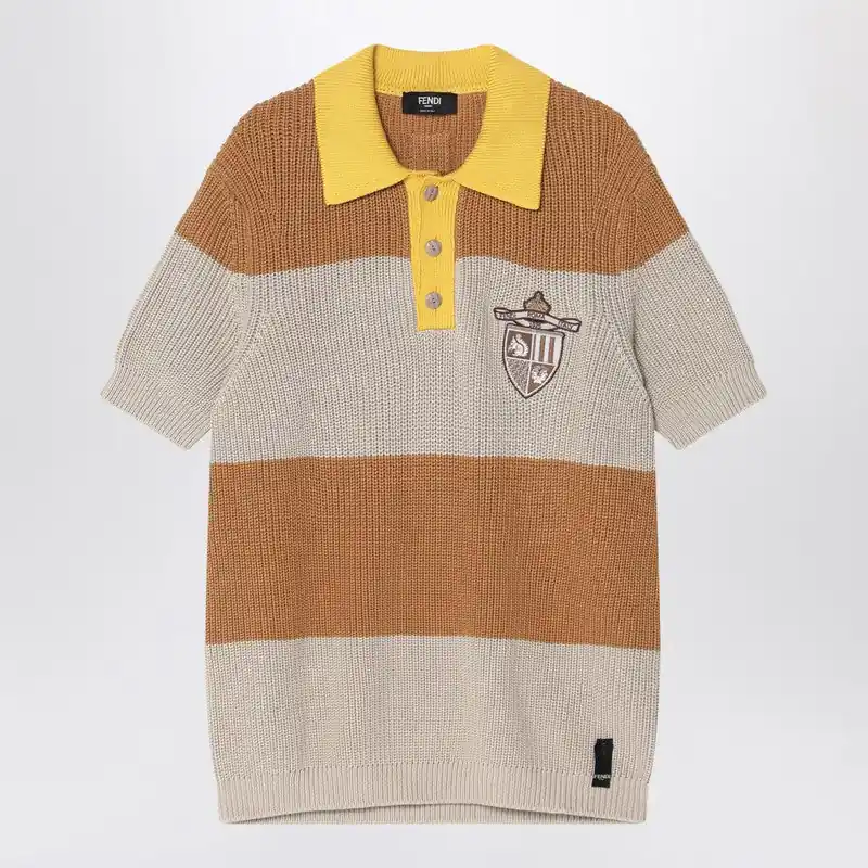Knitted Cotton Polo Shirt With Sand And Beige Stripes - Fendi