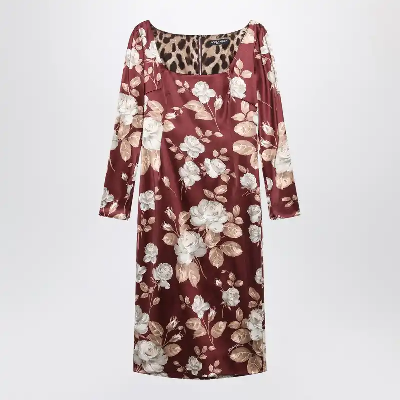 Burgundy Satin Dress With Floral Print - Dolce & Gabbana