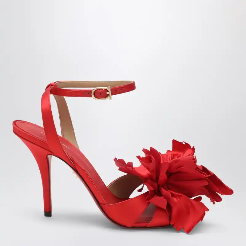 Red Satin Sandals With Flower - Ferragamo