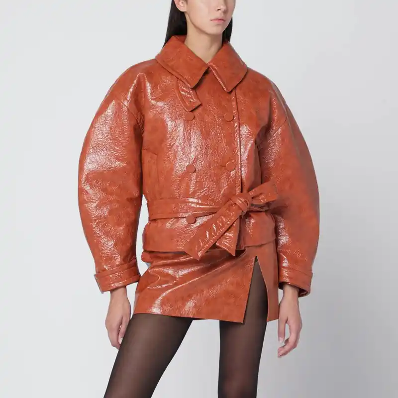 Tan Leather-Effect Belted Jacket
