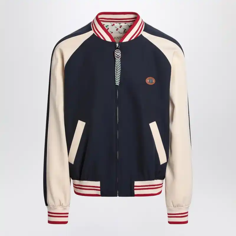 Blue/Cream Bomber With Mixed Wool V Logo - Valentino Garavani