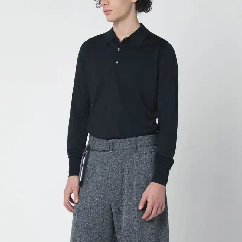 Black Wool Polo Shirt - John Smedley