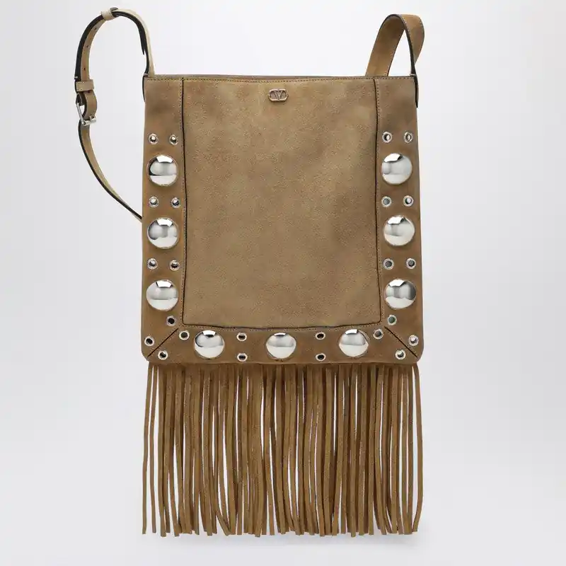Beige Nellcôte Bag In Suede With Fringes - Valentino Garavani