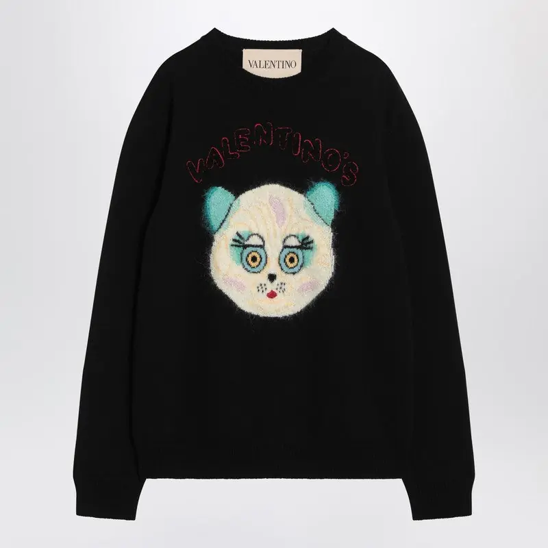Black Sweater With Le Chat De La Maison Patch - Valentino Garavani