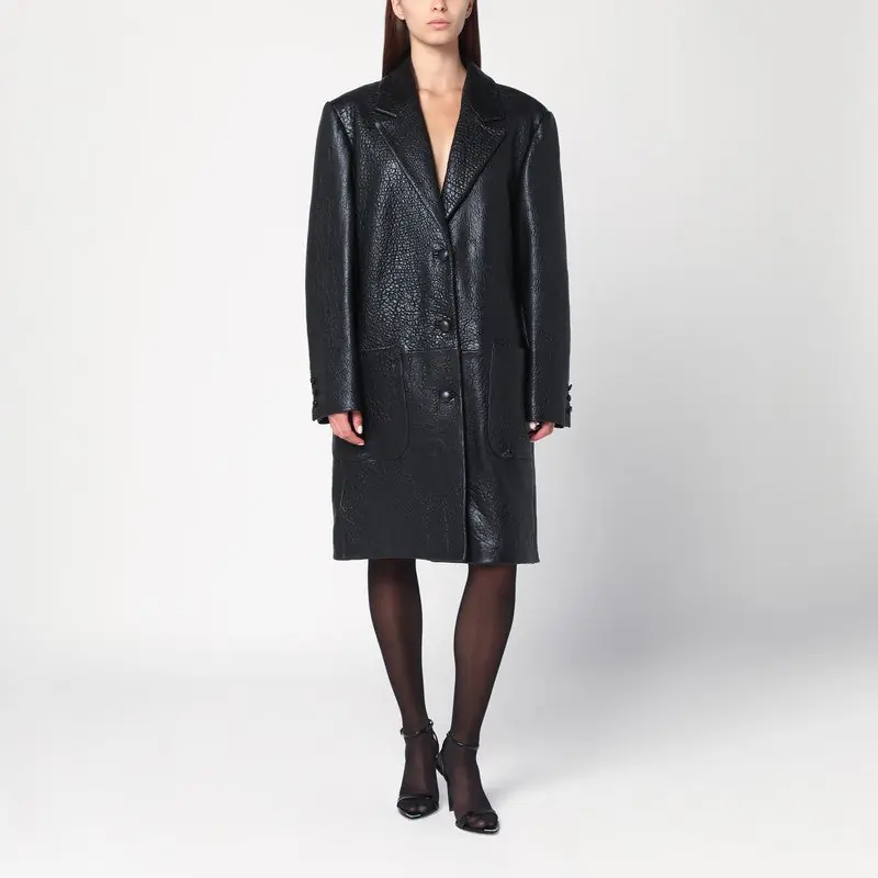 Single-Breasted Black Leather Coat