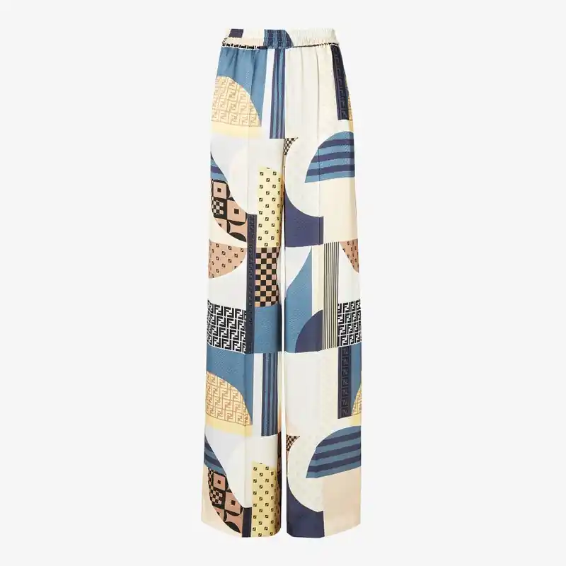 Blue Silk Trousers With Patchwork Print - Fendi