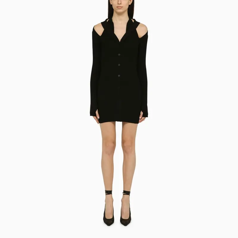Black Ribbed Mini Dress With Cut Out - AndreĀDamo