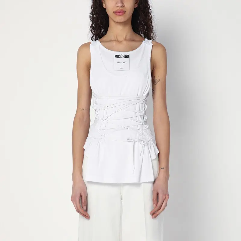 White Tank Top In Cotton With Laces - Moschino