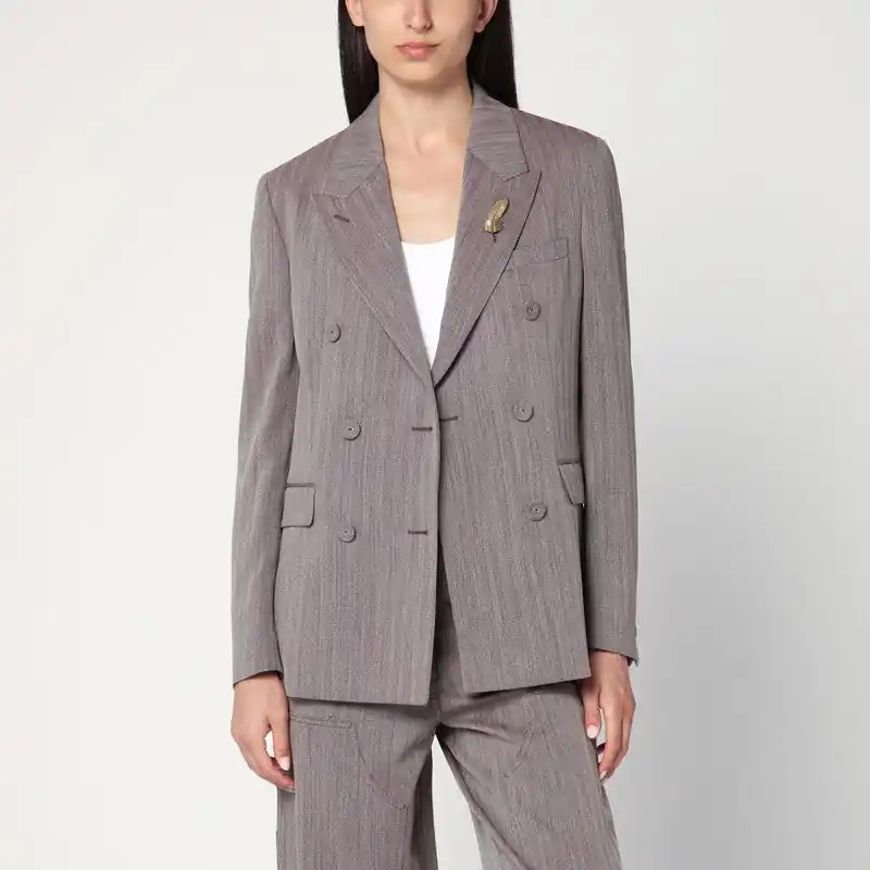 Light Brown Double-Breasted Jacket In Chevron Wool Blend