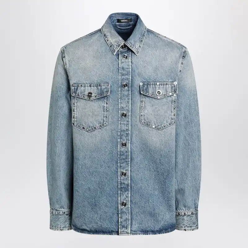 Light Blue Stone-Washed Denim Shirt With Studs
