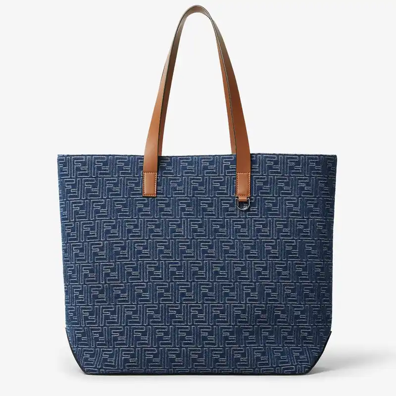 Medium Shopping Bag In Blue Denim-Effect Ff Jacquard