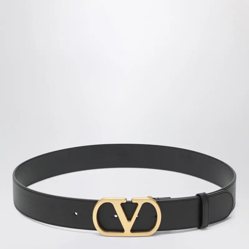 V Logo Black/Gold Leather Belt - Valentino Garavani