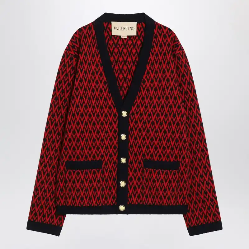 Jacquard Patterned Cardigan Toute La V Red/Navy Blue - Valentino Garavani