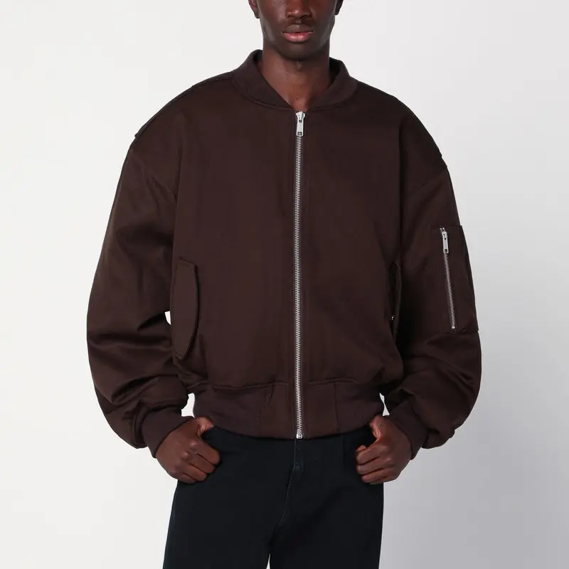 Dark Brown Zip-Up Bomber Jacket In Wool