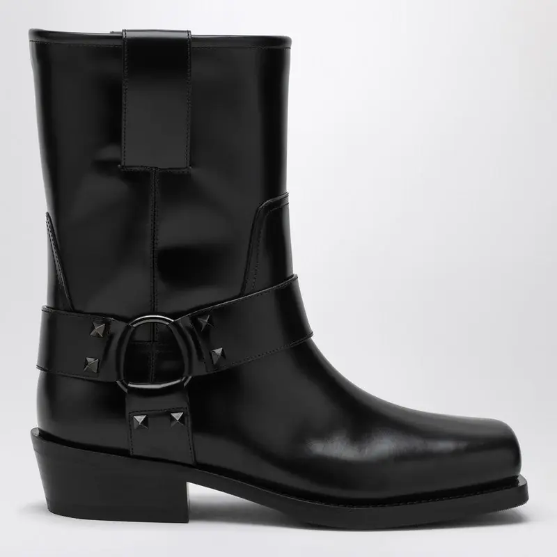 Black Leather Biker Rockstud Low Boot - Valentino Garavani