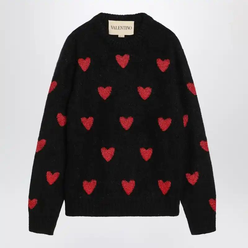 Jacquard Heart Pattern Sweater Black/Red - Valentino Garavani