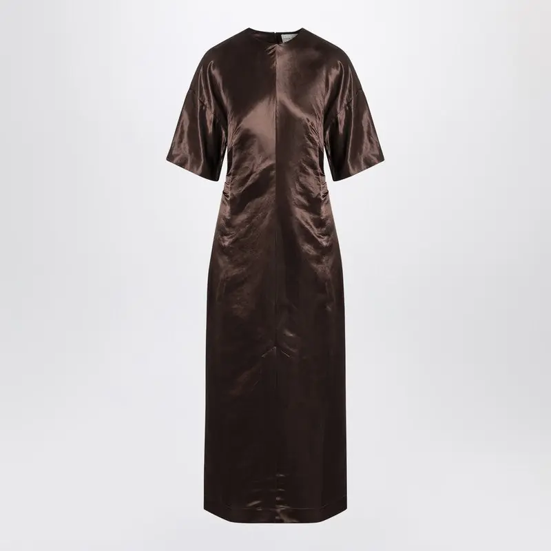 Long Brown Dress In Linen And Silk - Loulou De Saison
