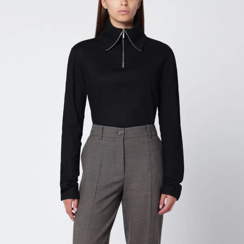 Black Wool Zip-Collar Top