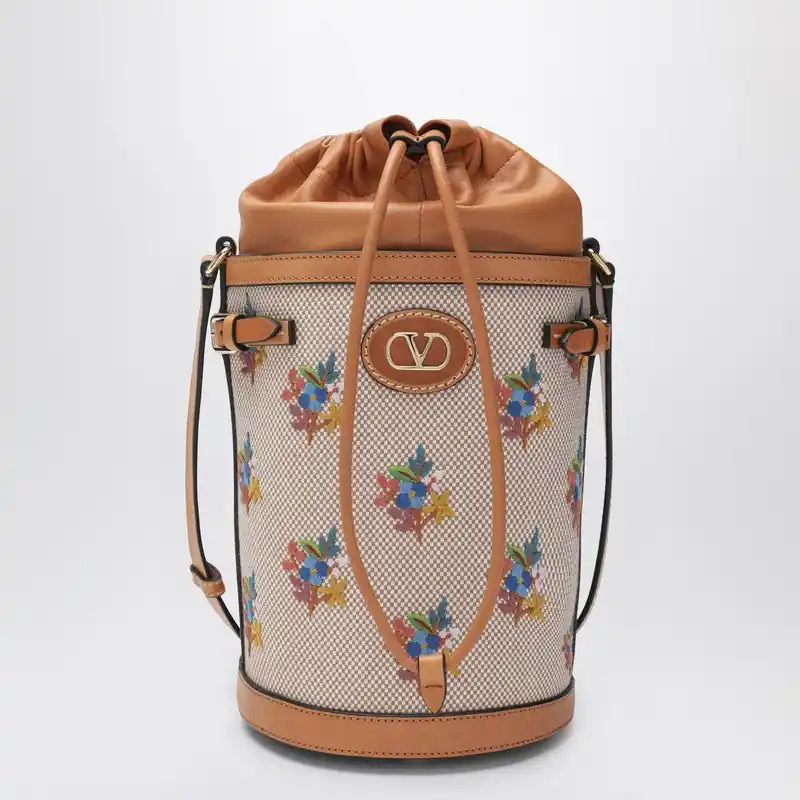 Canvas Bucket Bag With Floral Embroidery - Valentino Garavani