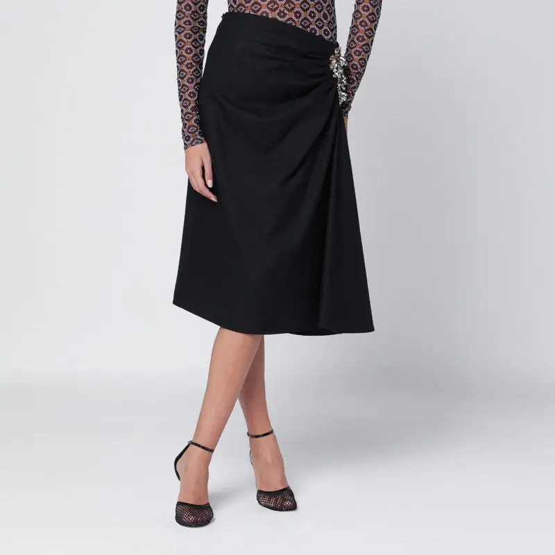 Navy Blue Draped Skirt With Brooch - Dries Van Noten
