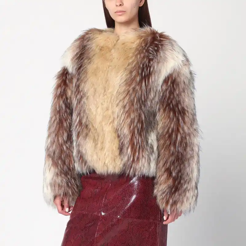 Short Beige/Black/White Faux Fur Coat - Halfboy