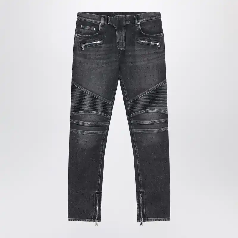 Grey Washed Slim Biker Jeans - Balmain