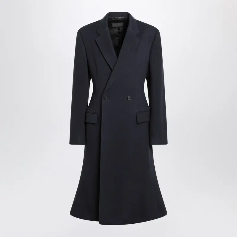 Navy Blue Midi Godet Wool Coat - Balenciaga
