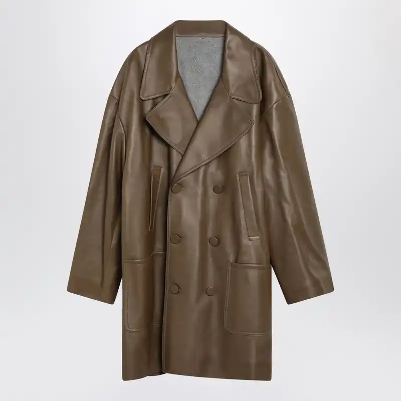 Double-Breasted Pea Coat In Dark Beige Nappa Leather