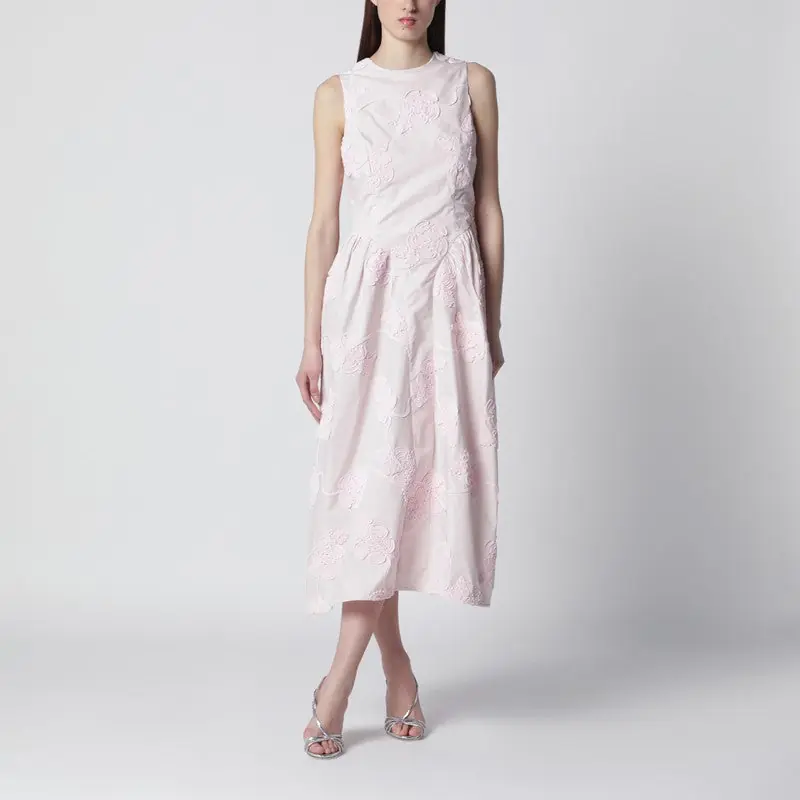 Orchid Pink Midi Dress With Floral Embroidery - Rotate