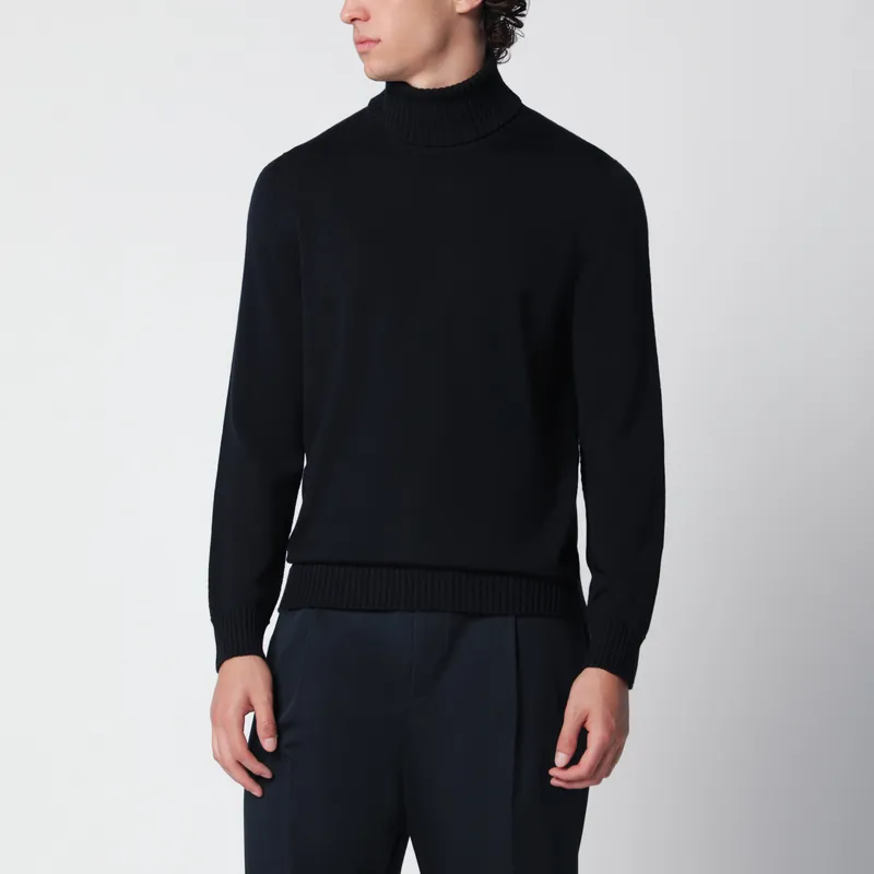 Navy Blue Wool Turtleneck Sweater - Drumohr