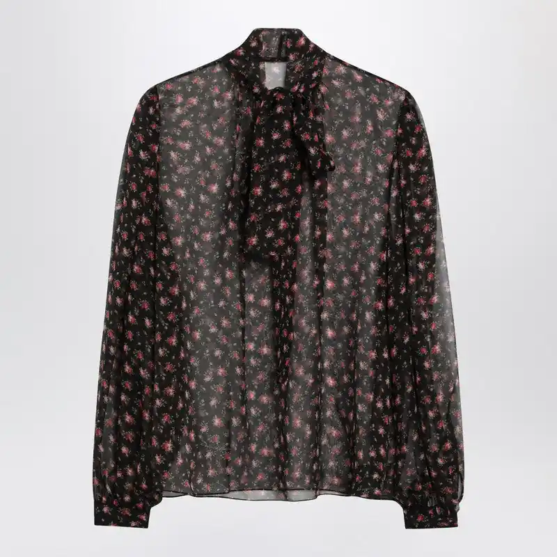 Black Chiffon Blouse With Small Rose Print - Dolce & Gabbana