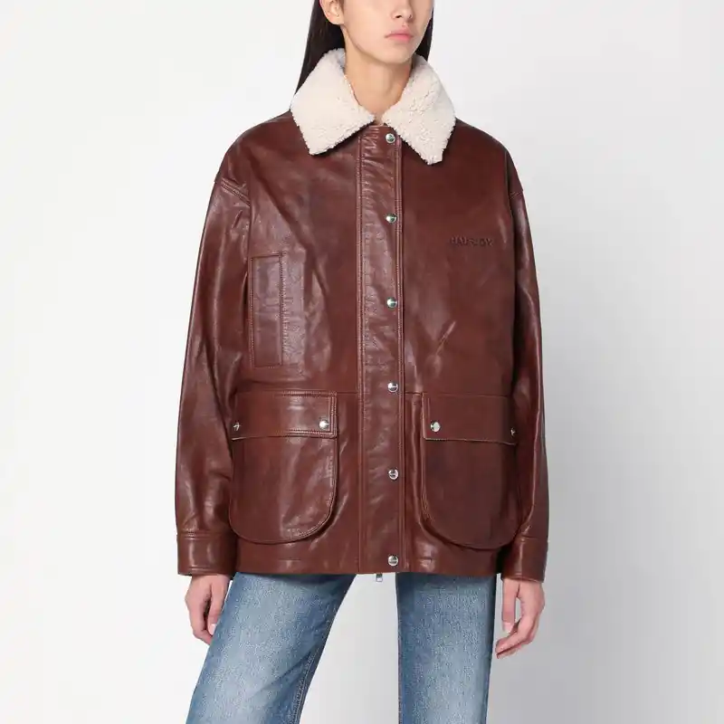 Brown Leather Jacket With Shearling Collar - Halfboy