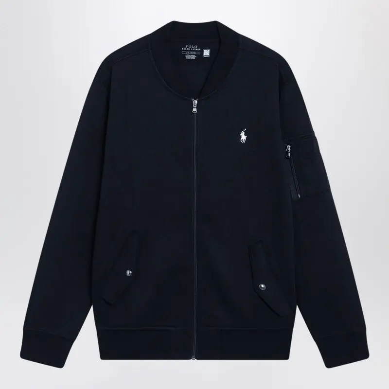Navy Blue Zip-Up Cotton-Blend Sweatshirt