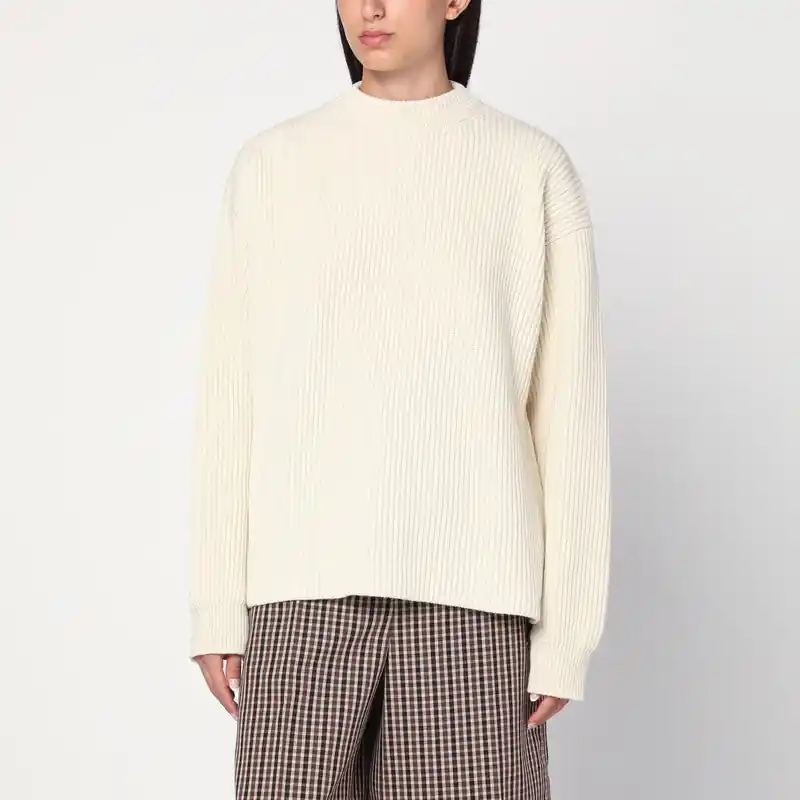 White Ribbed Crewneck Sweater - Jil Sander