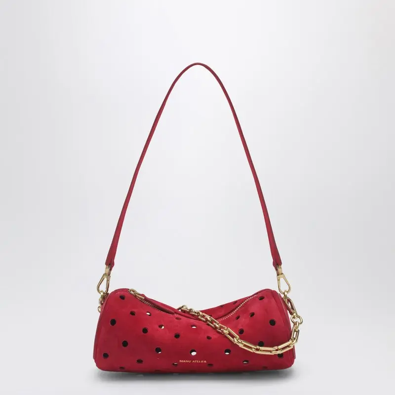 Mini Cylinder Bag In Perforated Red Suede - Manu Atelier