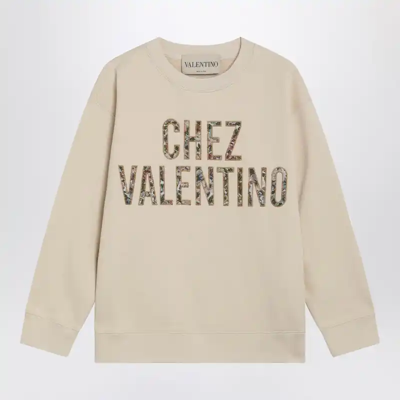 Ivory Cotton Sweatshirt With Chez Valentino Floral Motif - Valentino Garavani