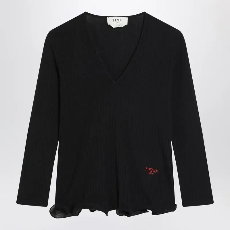 Black Wool Pullover With Logo Embroidery - Fendi