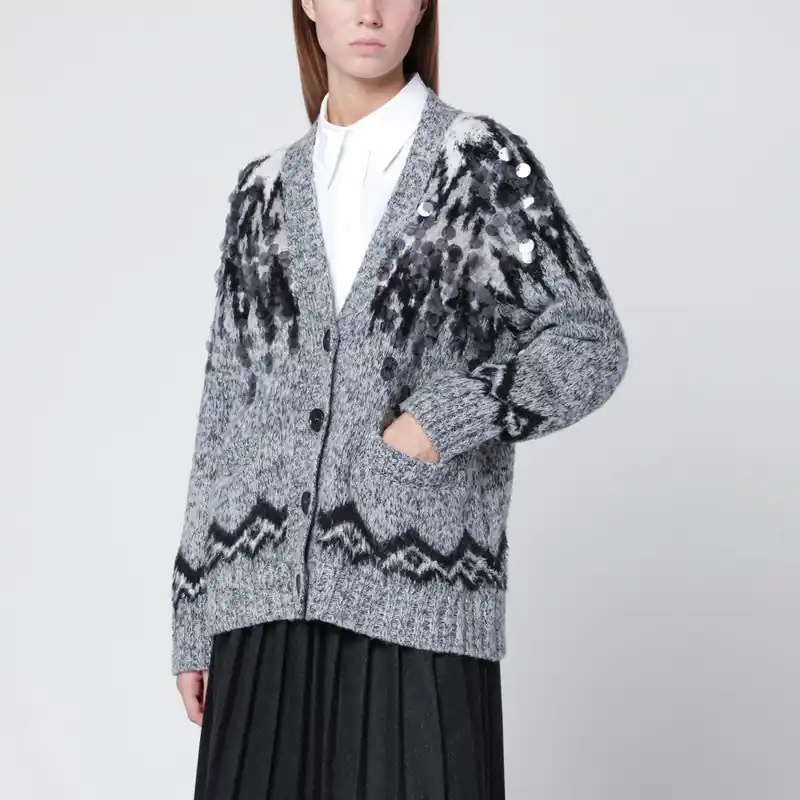 Grey Wool-Blend Cardigan With Sequins